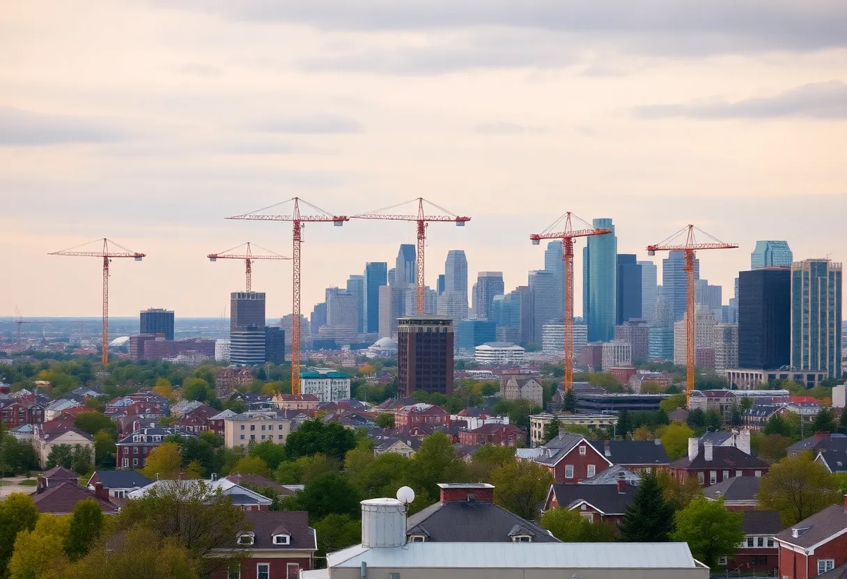 Skyline of Detroit with construction cranes representing urban revitalization