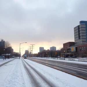 A snowy landscape with hints of warm weather transitioning into winter in Detroit.