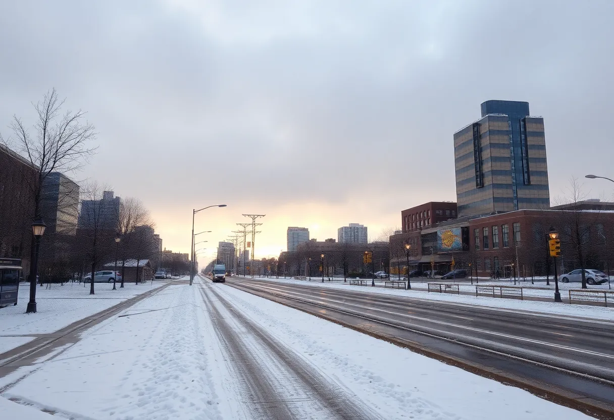 A snowy landscape with hints of warm weather transitioning into winter in Detroit.
