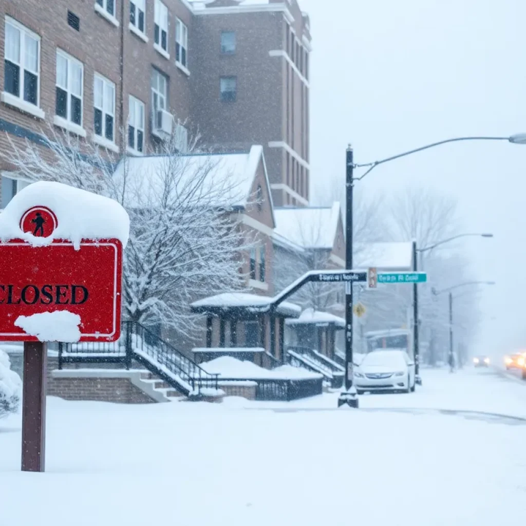 Snow-covered street in Detroit during a winter storm with a school closure sign