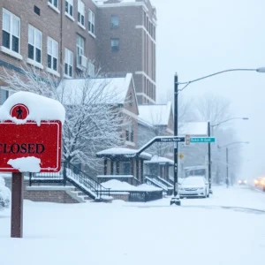 Snow-covered street in Detroit during a winter storm with a school closure sign
