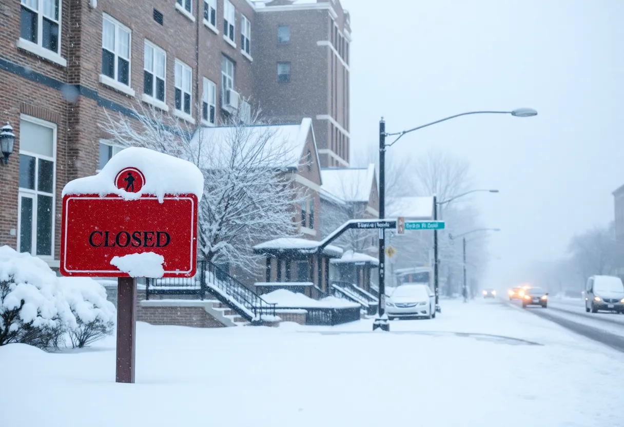 Snow-covered street in Detroit during a winter storm with a school closure sign