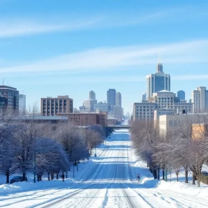 Snow-covered street in Detroit during winter weather