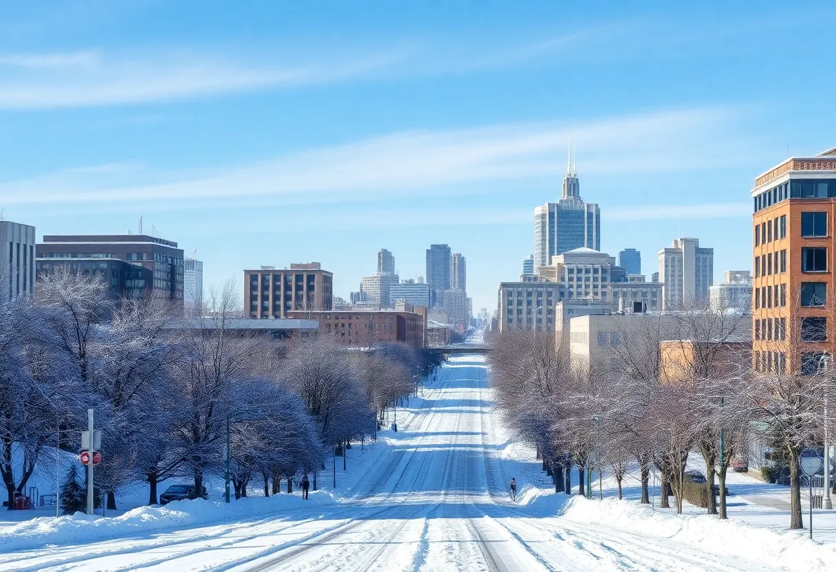 Snow-covered street in Detroit during winter weather
