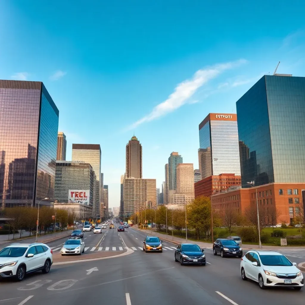 A vibrant scene of Detroit's business district with electric vehicles.