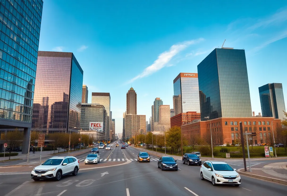 A vibrant scene of Detroit's business district with electric vehicles.