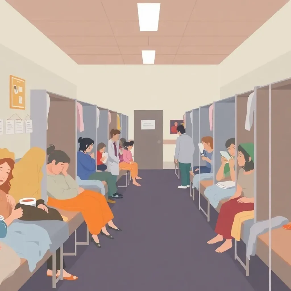 Interior view of a crowded women's shelter illustrating safety concerns.