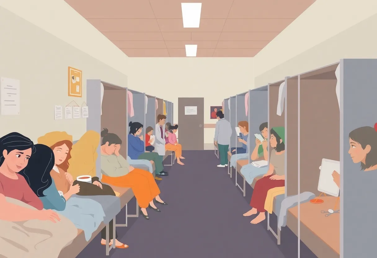 Interior view of a crowded women's shelter illustrating safety concerns.