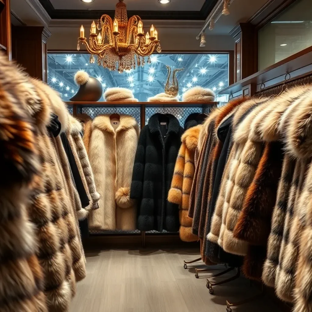 Luxury fur shop interior with fur coats
