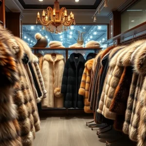 Luxury fur shop interior with fur coats