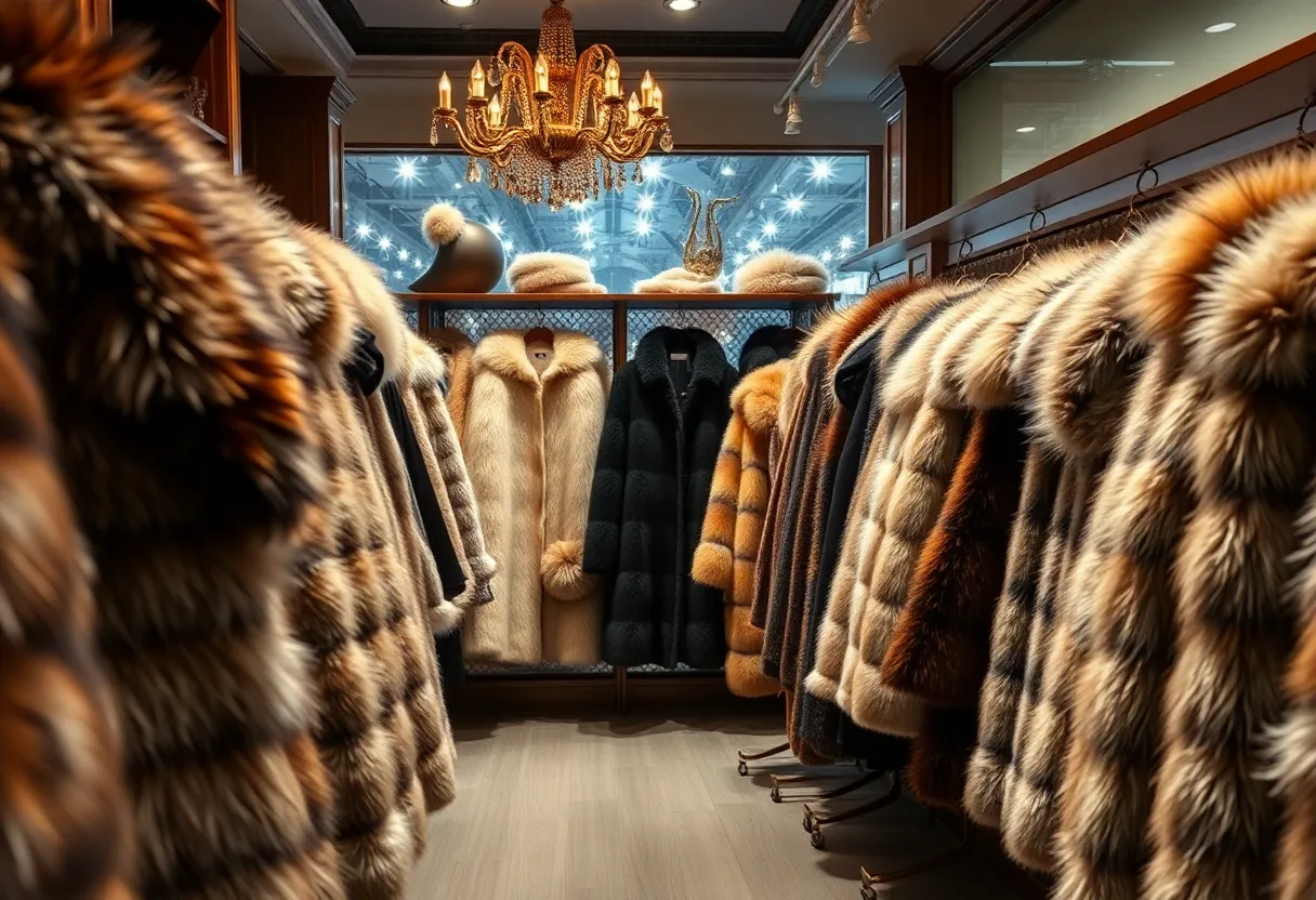 Luxury fur shop interior with fur coats