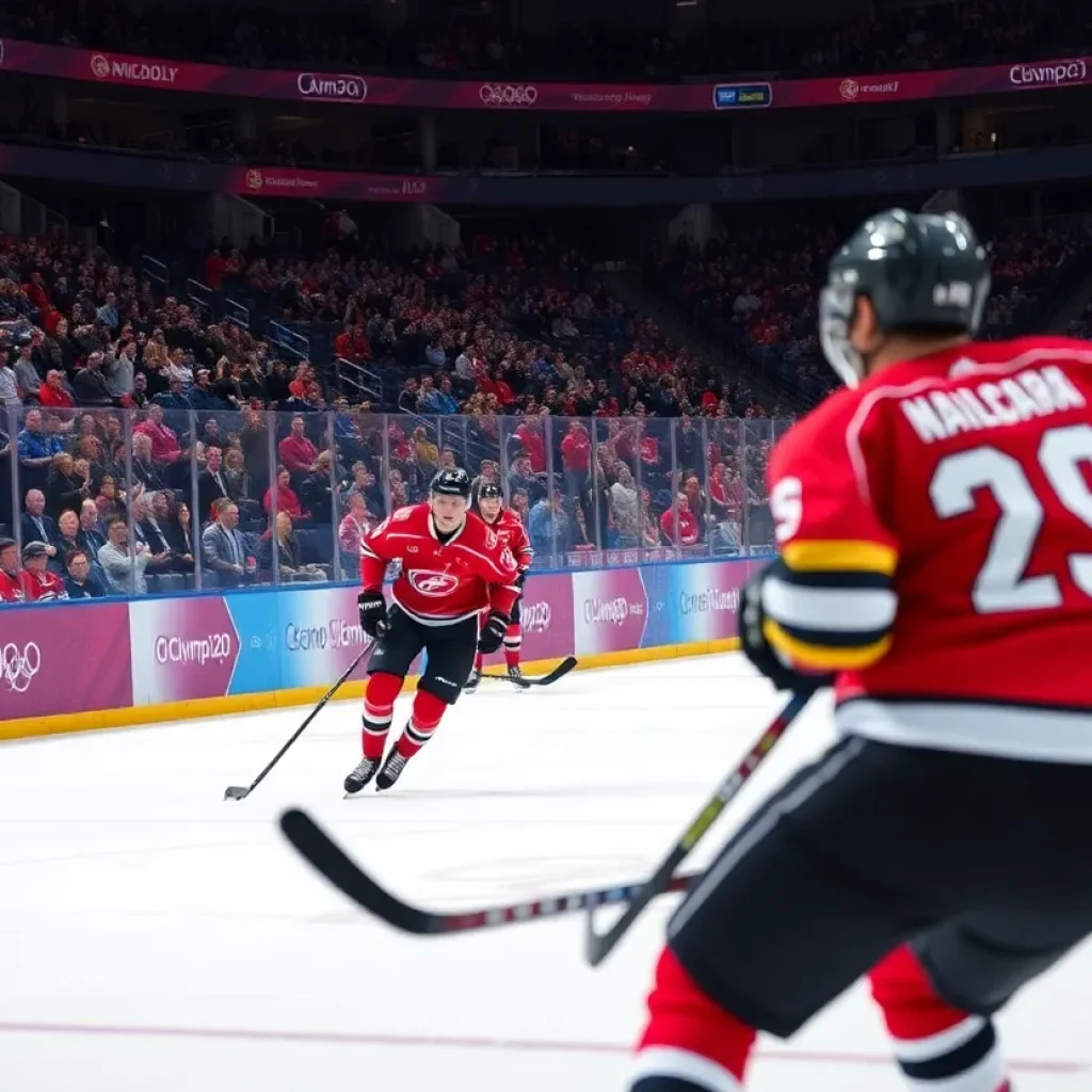 Dynamic hockey game at the Olympics with athletes on the ice