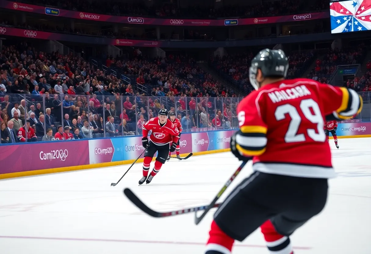 Dynamic hockey game at the Olympics with athletes on the ice