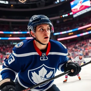 Rookie player Emmitt Finnie playing for the Detroit Red Wings during a match.