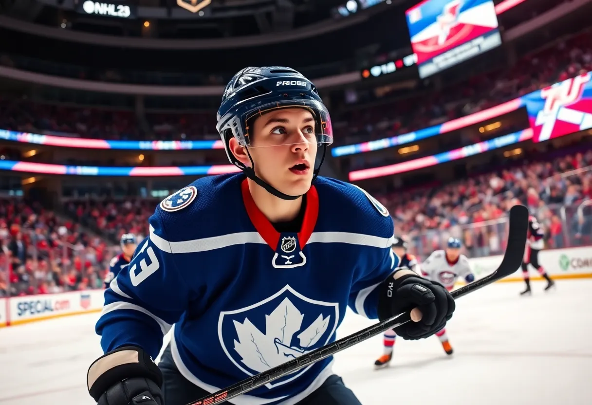 Rookie player Emmitt Finnie playing for the Detroit Red Wings during a match.