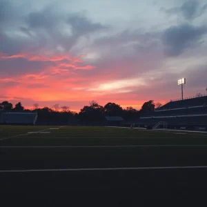 Empty football field at dusk