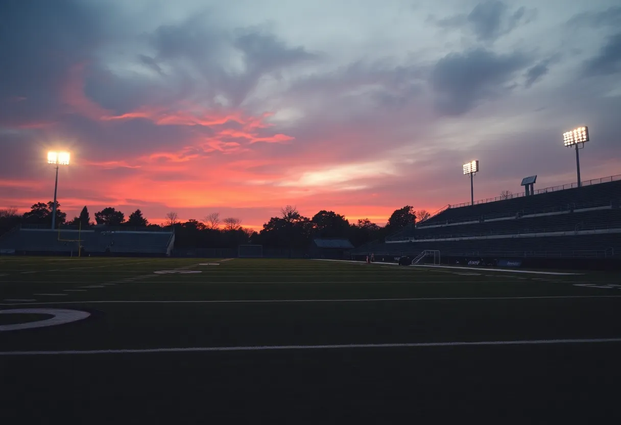 Empty football field at dusk