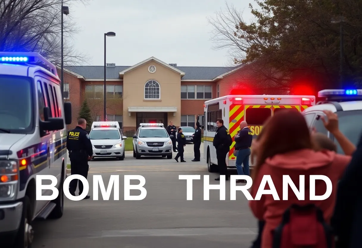 Emergency services outside a school after a bomb threat incident