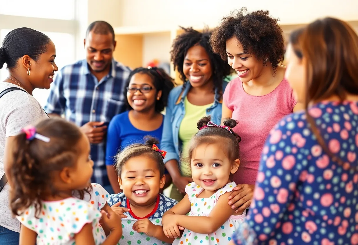 Families benefiting from the Tri-Share childcare program in a community setting.