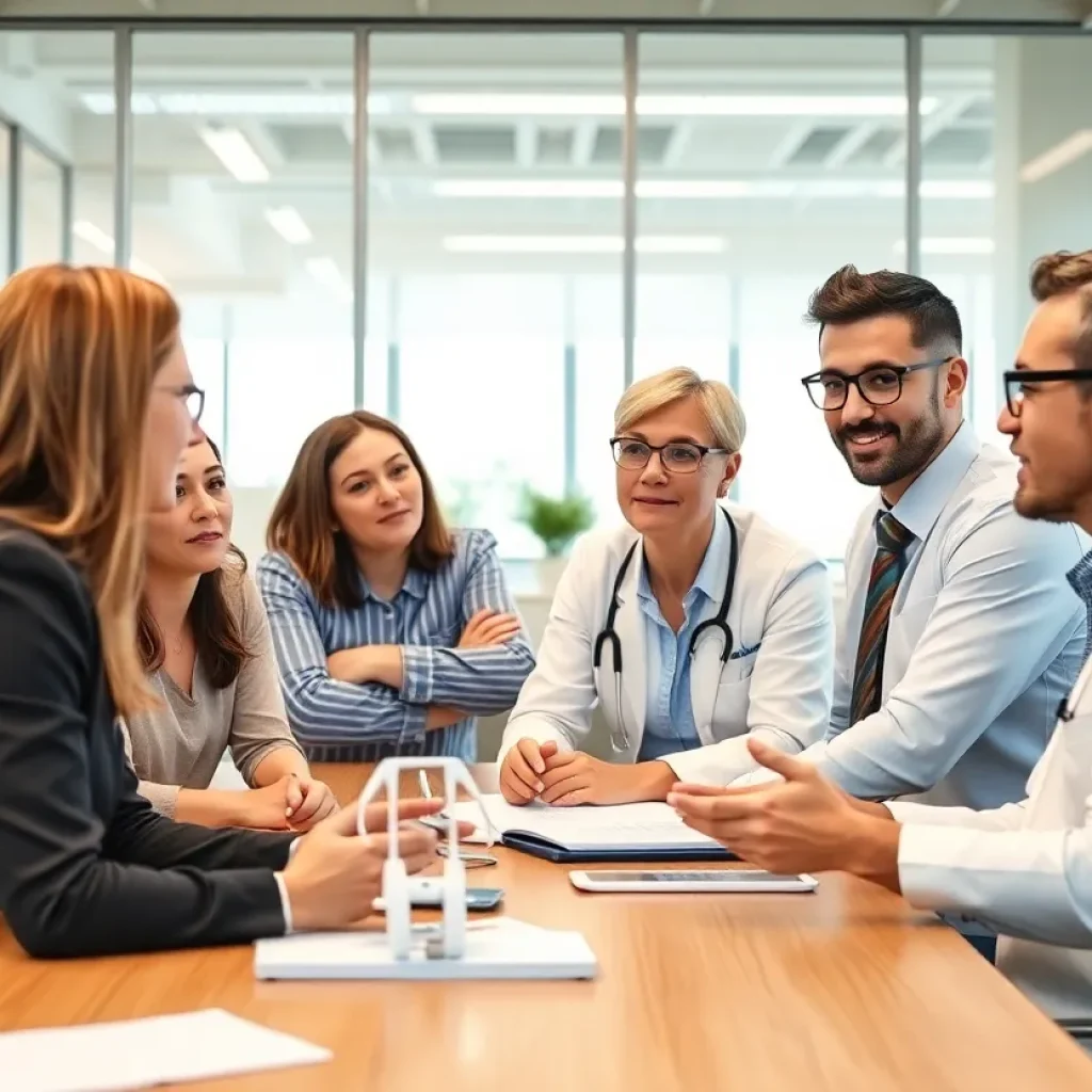 Eyecare professionals in a meeting discussing strategies to handle employee resistance to change