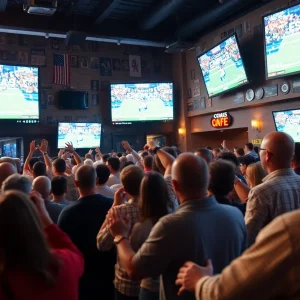 Fans in a sports bar watching an NFL game together
