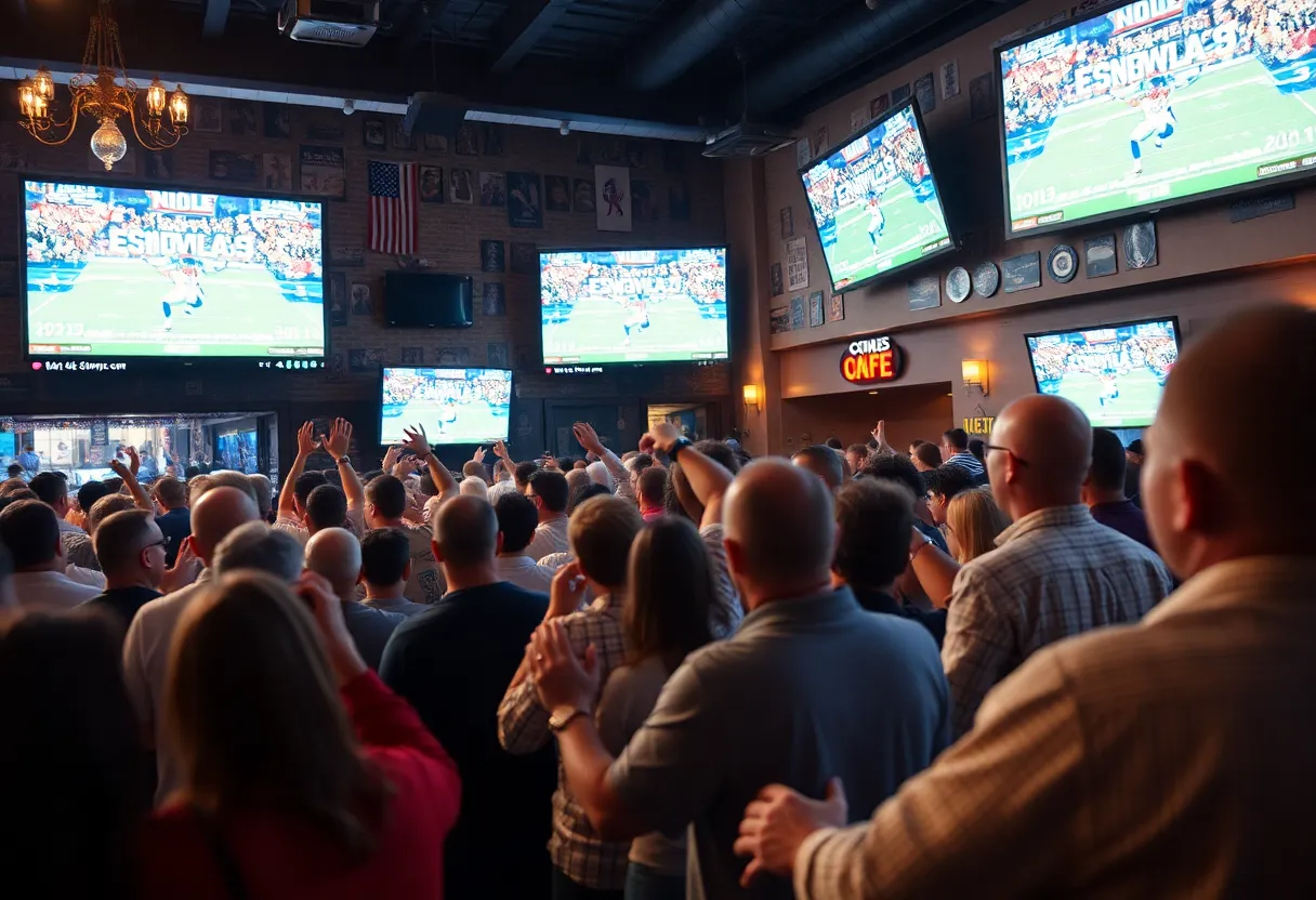 Fans in a sports bar watching an NFL game together