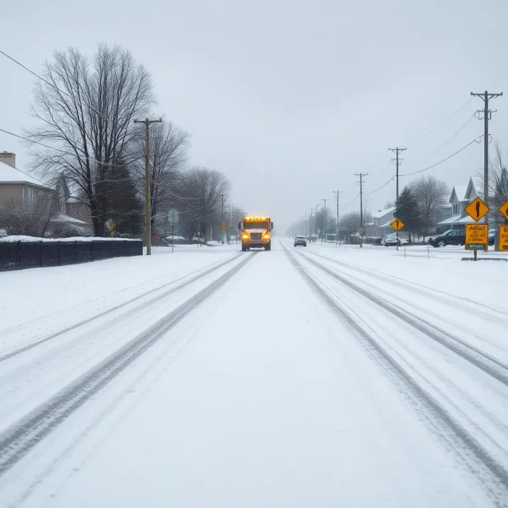 Snow-covered road with a snowplow in the distance, emphasizing winter road safety.