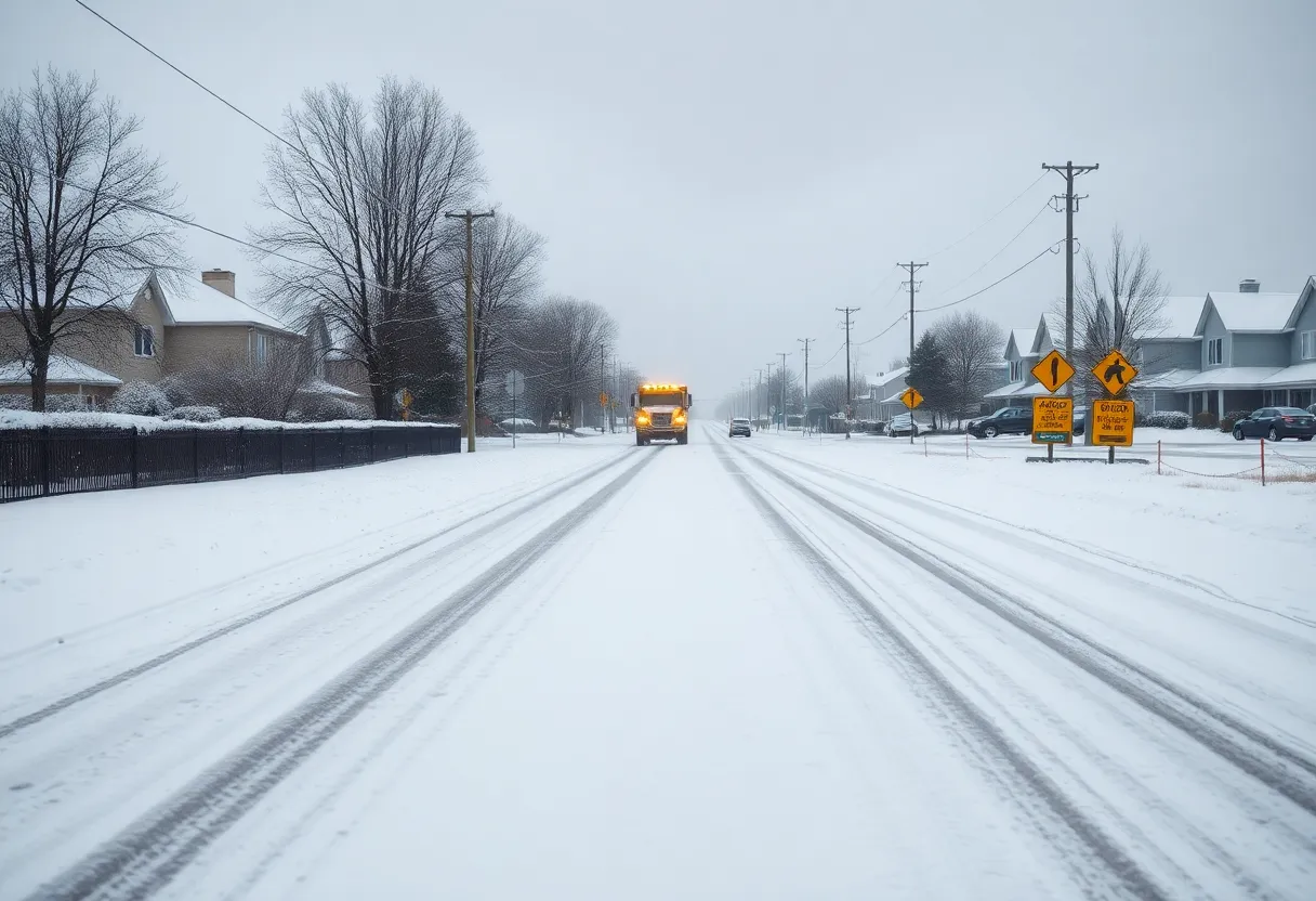 Snow-covered road with a snowplow in the distance, emphasizing winter road safety.
