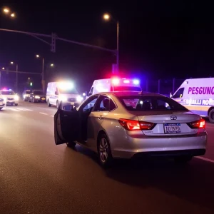 Car accident scene with police and emergency responders