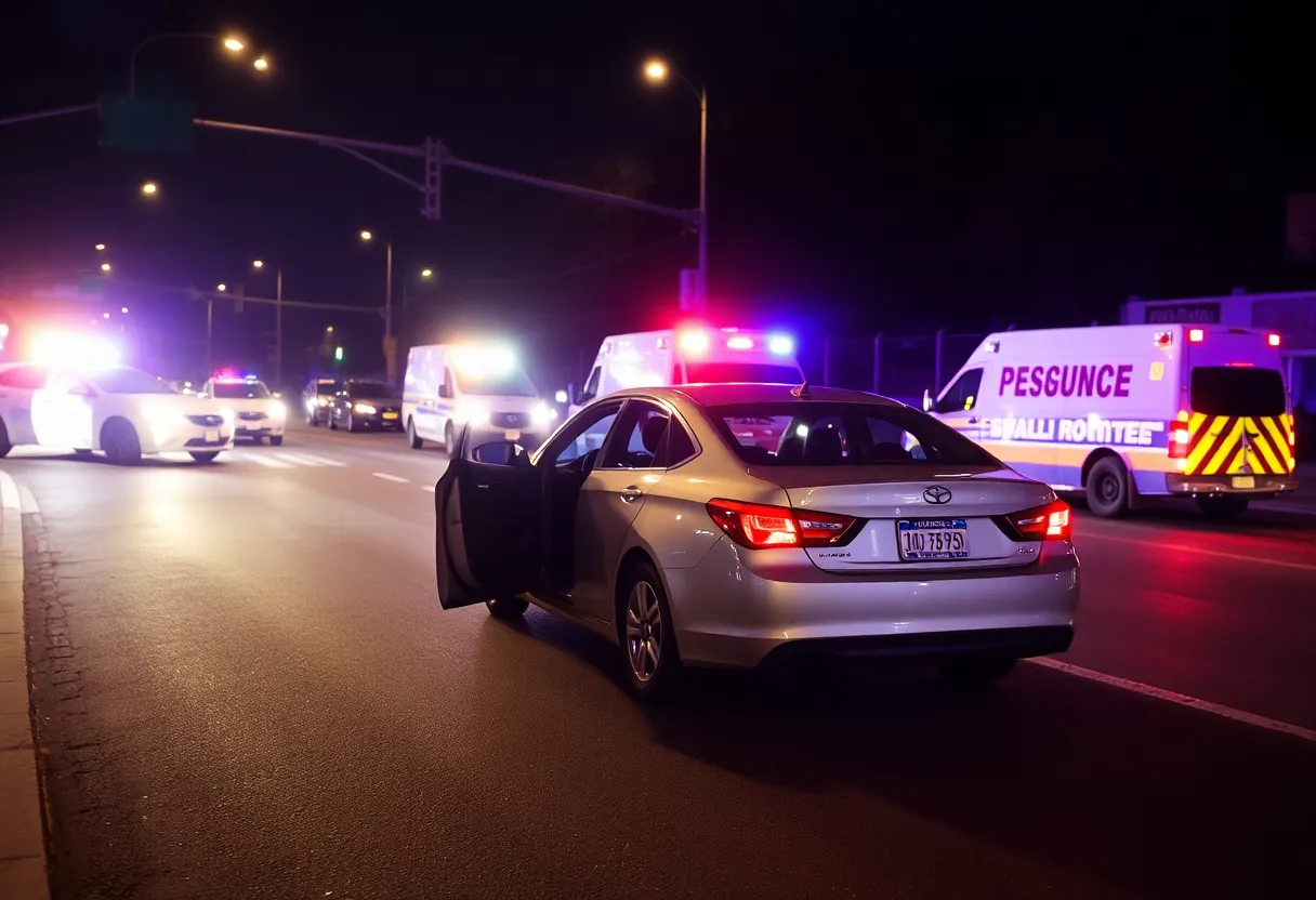 Car accident scene with police and emergency responders
