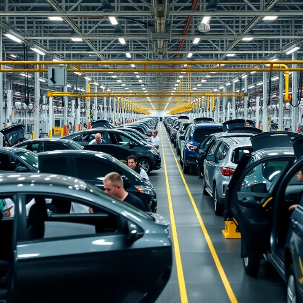 Interior view of Ford factory in Detroit with workers on assembly line