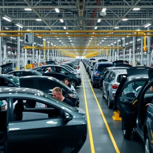 Interior view of Ford factory in Detroit with workers on assembly line