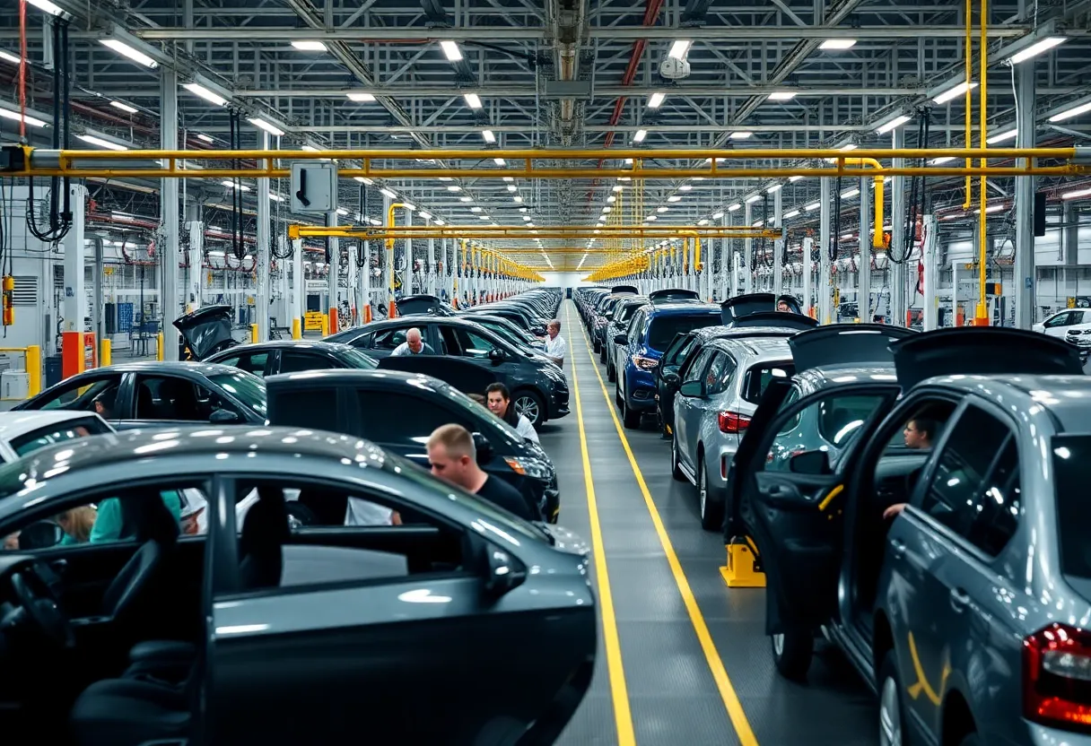 Interior view of Ford factory in Detroit with workers on assembly line