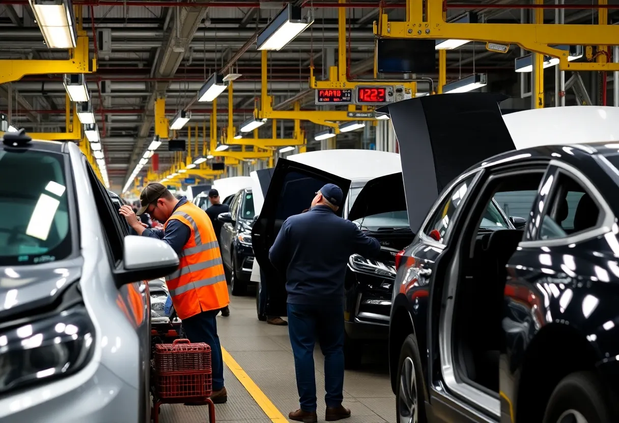 Workers at Ford automotive manufacturing facility in Detroit