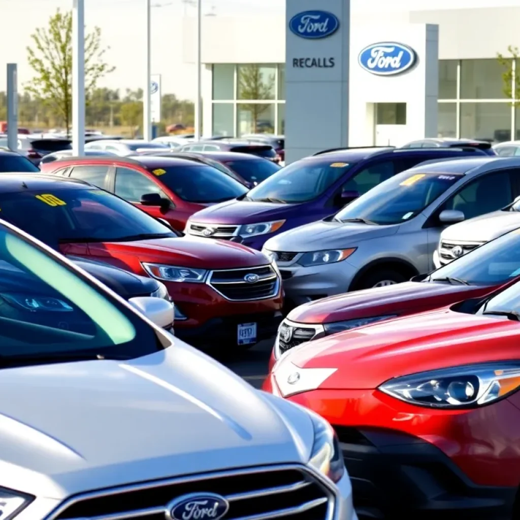 Ford dealership with vehicles marked for recall inspection
