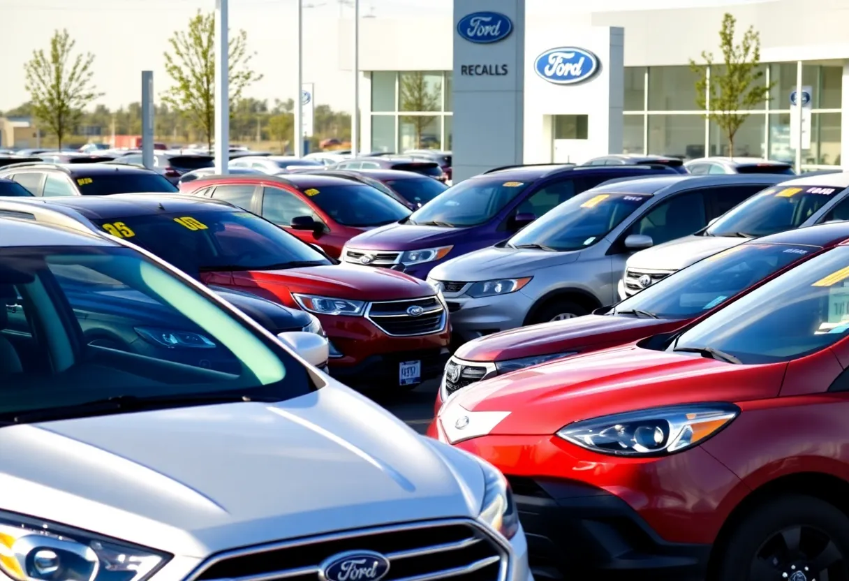 Ford dealership with vehicles marked for recall inspection