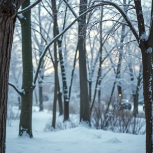 Trees in Detroit showing signs of frost cracks in snowy winter