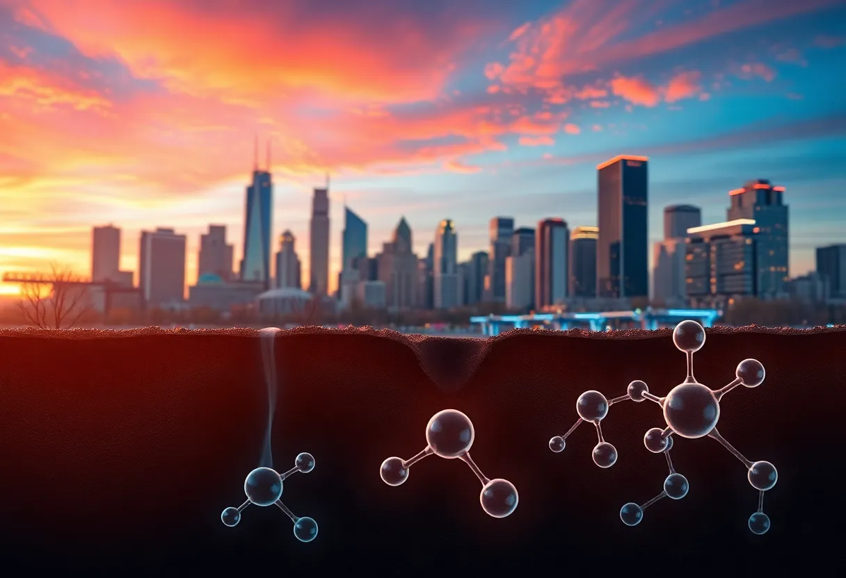 Conceptual image of geologic hydrogen exploration with Detroit skyline
