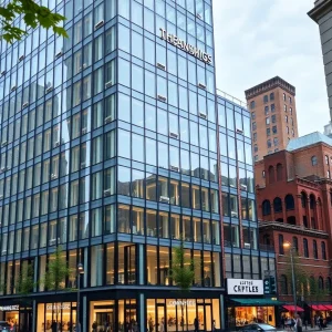 Exterior view of the Block building housing General Motors headquarters in Detroit.
