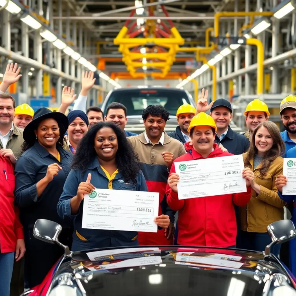 Workers at General Motors celebrating profit-sharing checks in Detroit