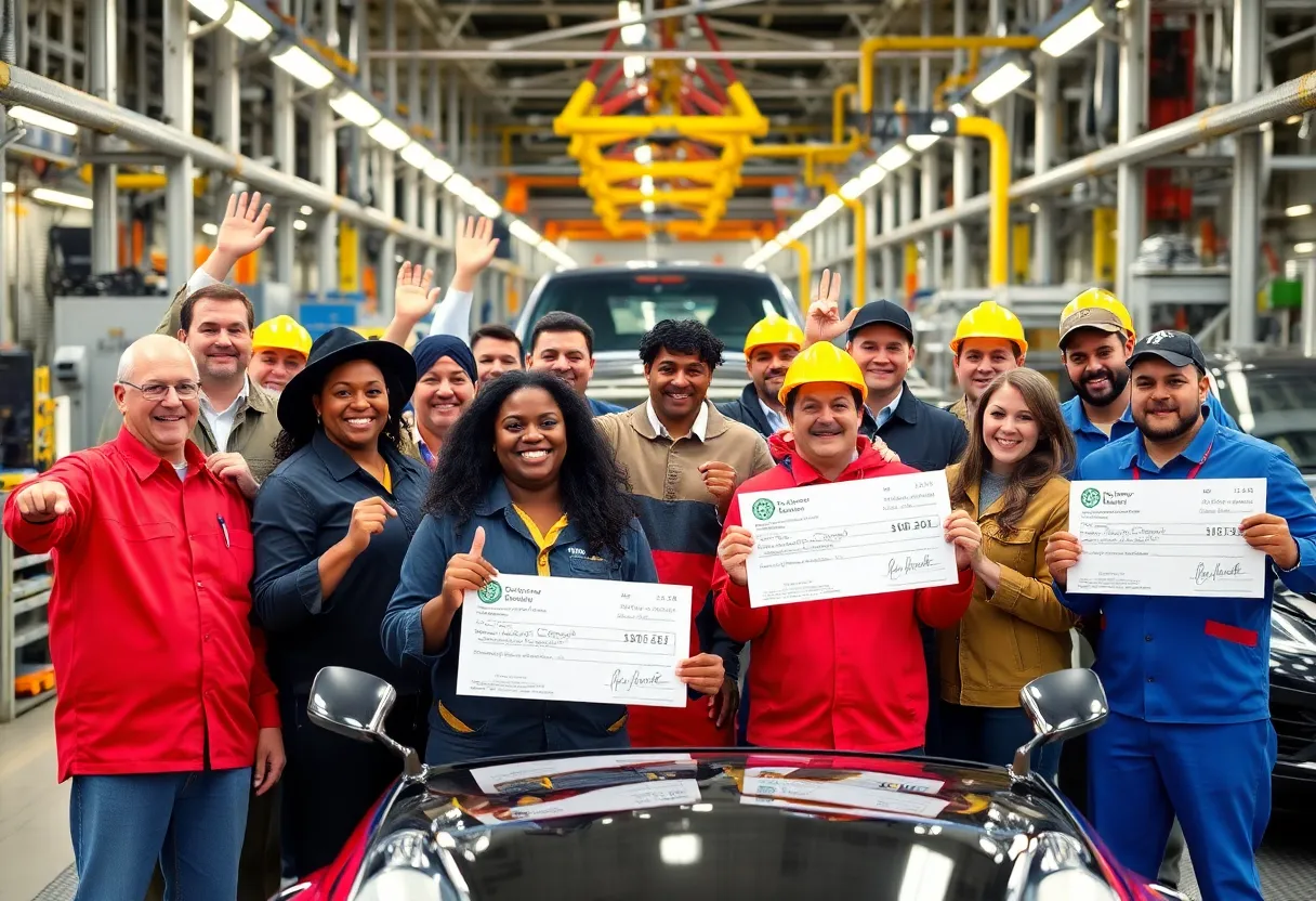 Workers at General Motors celebrating profit-sharing checks in Detroit