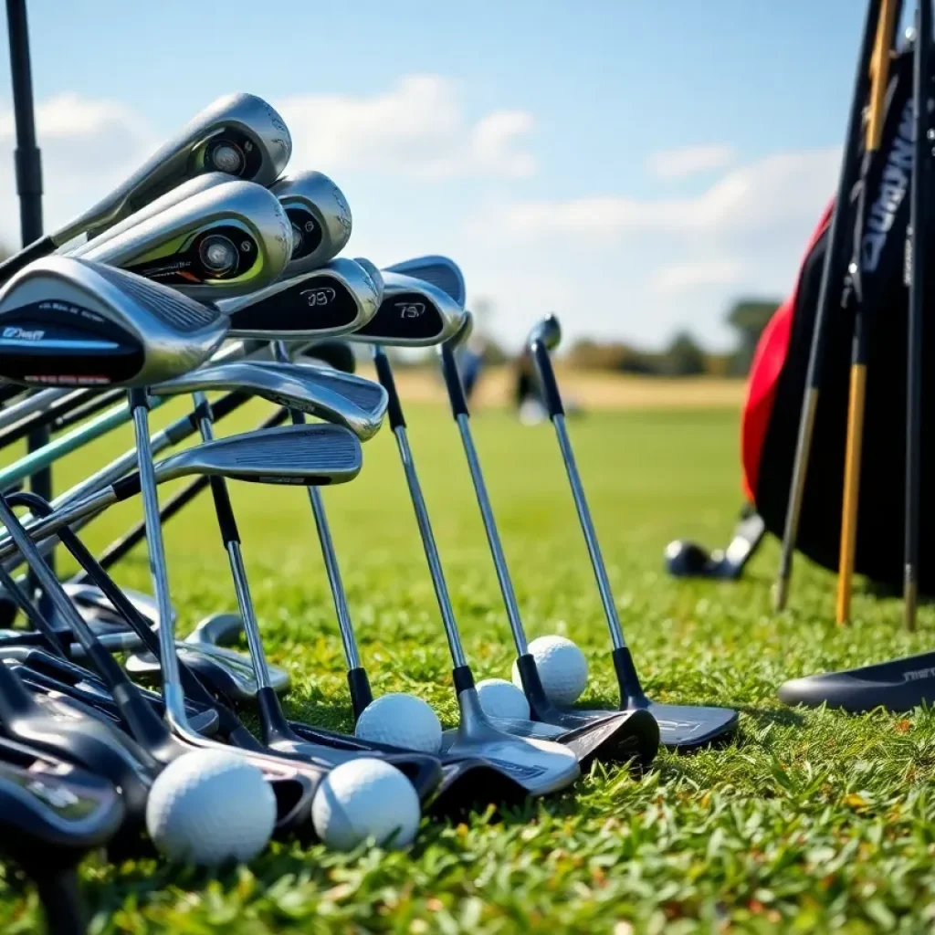 Assorted golf clubs on a green golf course