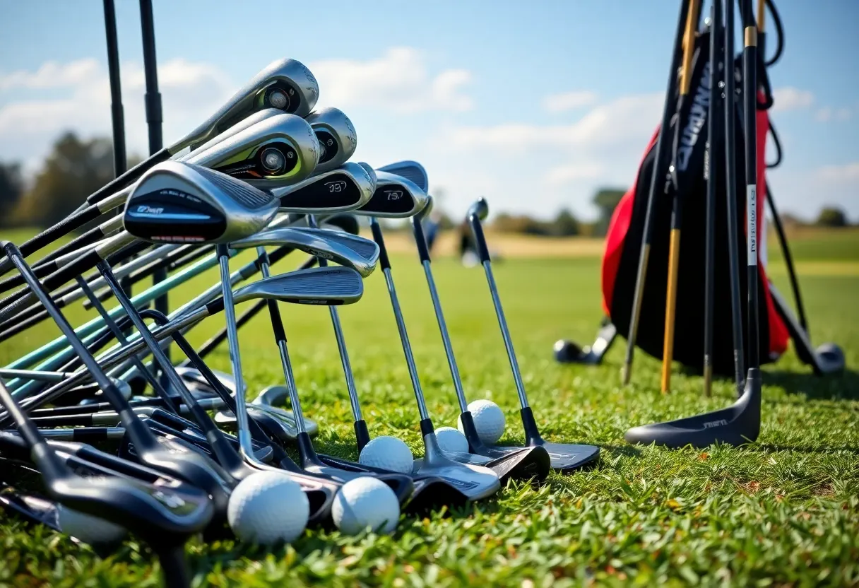 Assorted golf clubs on a green golf course