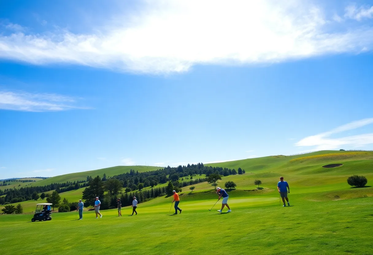 Scenic view of a golf course with golfers enjoying the game.