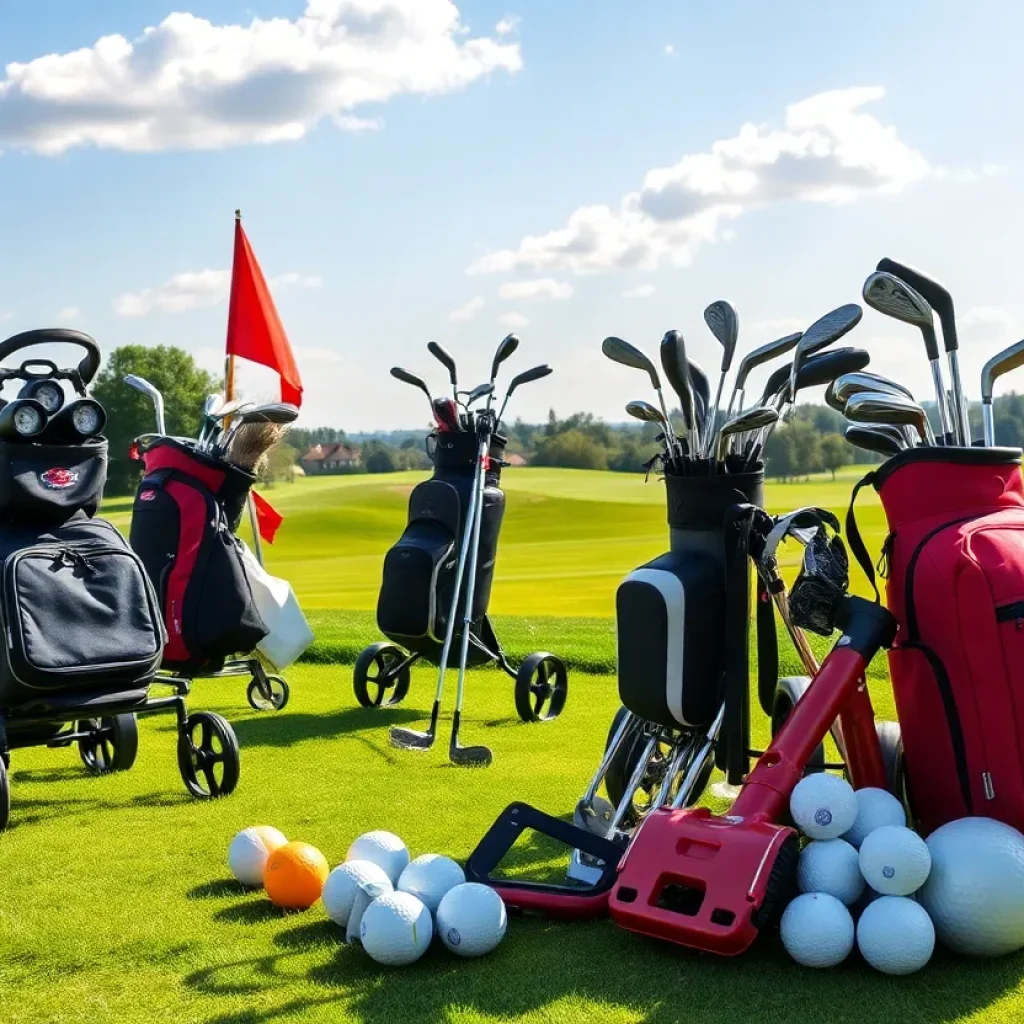Display of golf equipment deals including trolleys and clubs