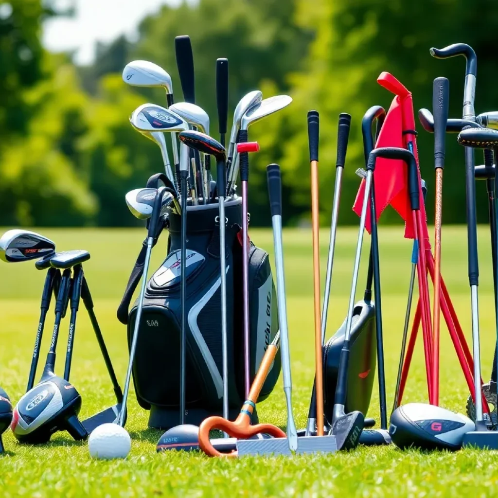 Display of modern golf clubs and putters on a golf course.