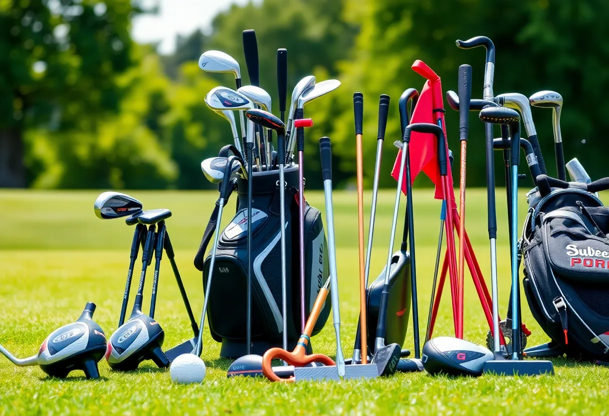 Display of modern golf clubs and putters on a golf course.