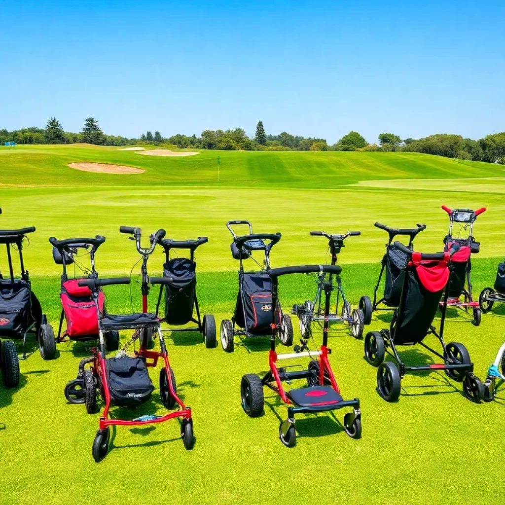Various golf trolleys on a golf course