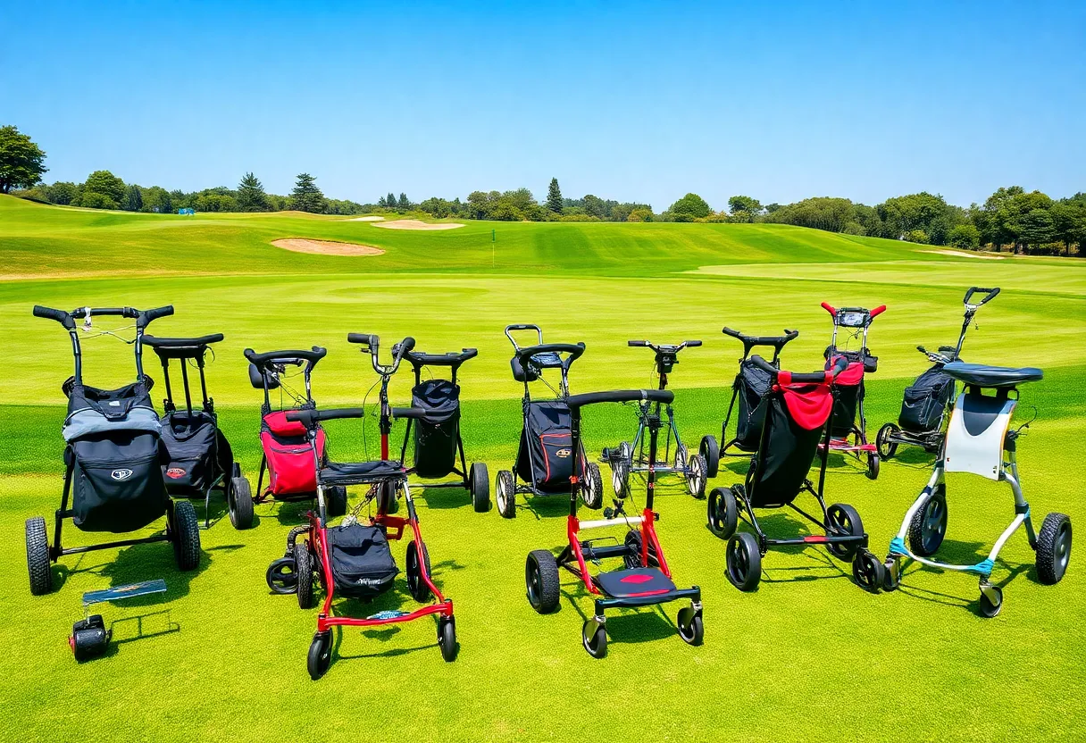 Various golf trolleys on a golf course