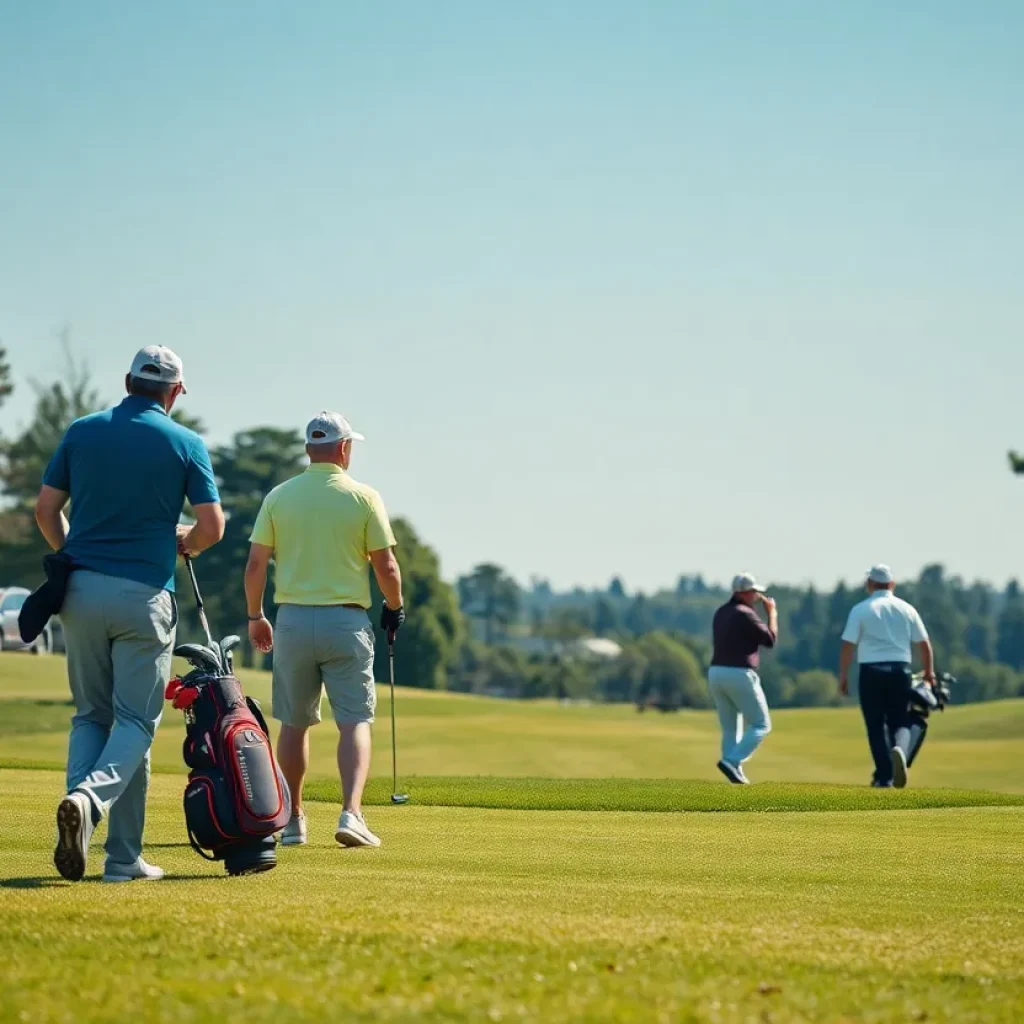 Golfers on a course with effortless travel logistics in the background.